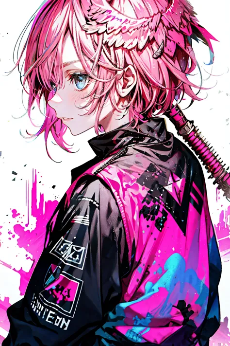 one girl,pink hair、back shadow splatter,paint splatter sweatshirt,off-the-shoulder wear,,alchemy research institute,mysteries of...