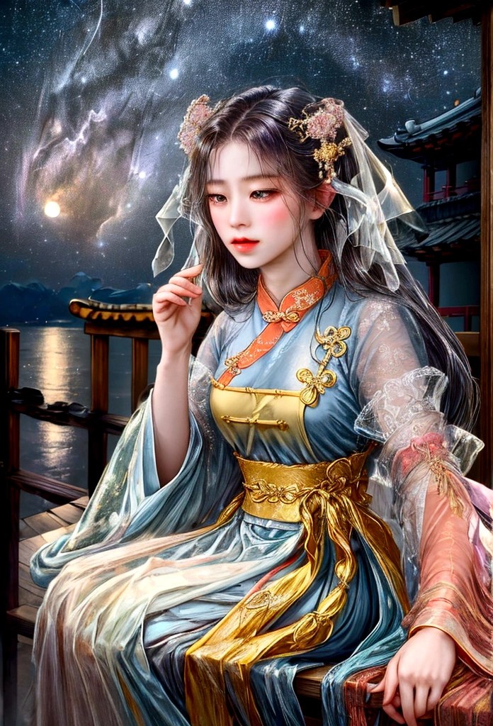 杰作, 最好的质量: 1.4)， 详细背景，一位美丽的古代中国仙女看着镜头，飘带，纱布，飘然，仰角，银河真是奇妙，满月是空的，