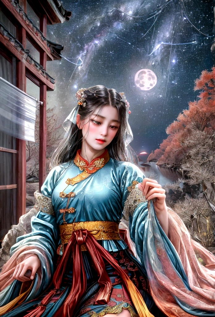 杰作, 最好的质量: 1.4)， 详细背景，一位美丽的古代中国仙女看着镜头，飘带，纱布，飘然，仰角，银河真是奇妙，满月是空的，