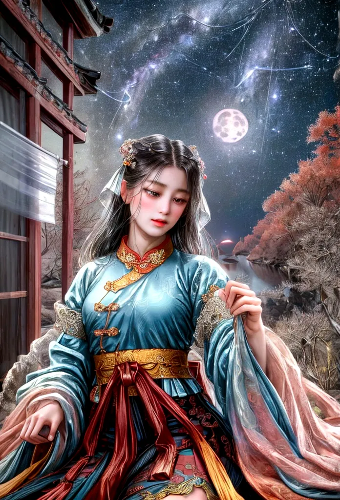 masterpiece, Highest quality: 1.4)， Detailed Background，A beautiful ancient Chinese fairy looks at the camera，streamer，Gauze clo...