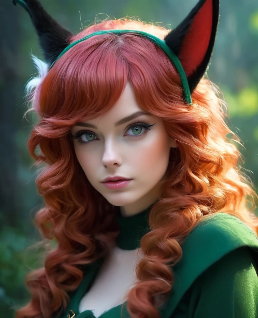 Bel elfe surréaliste, Cheveux roux frisés, visage détaillé,oreilles de chat pointues,  très grand , HD, 4k 