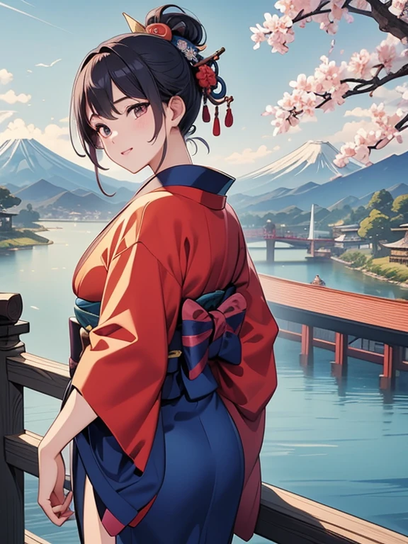 (de la máxima calidad、obra maestra、Alta resolución、8K)、Vistoso、ukiyo-e、Utamaro、Belleza del kimono、Mirando hacia atrás、puente、río、Monte Fuji en la distancia、arte oficial、