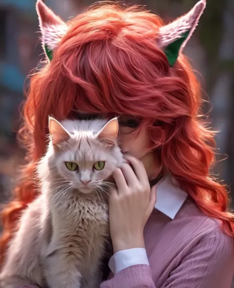 Surreal beautiful elf, curly red hair covering the eyes, face detailed,pointy cat ears,  Full body, very big , HD, 4K 