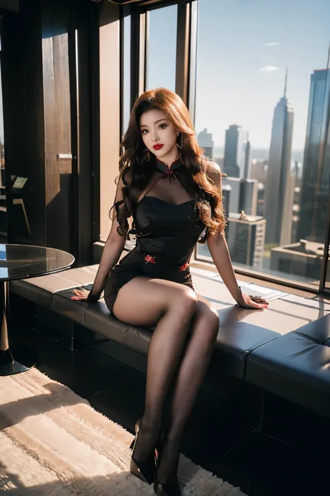 curls，Heavy makeup，Red lips，Cheongsam dress，Transparent silk tights，Black stilettos，By Bangs，In the glass house of a skyscraper，...