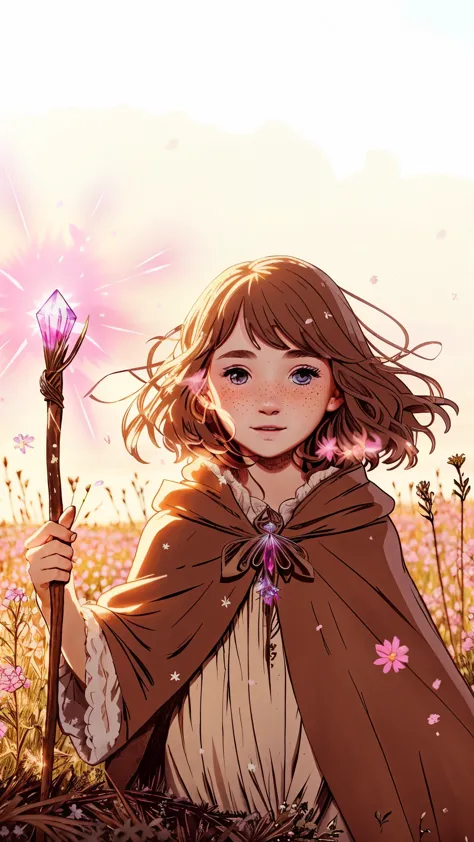 teenager girl with freckles and a look of wonder, dressed in a simple brown cloak, stands amidst a field of wildflowers on a sun...