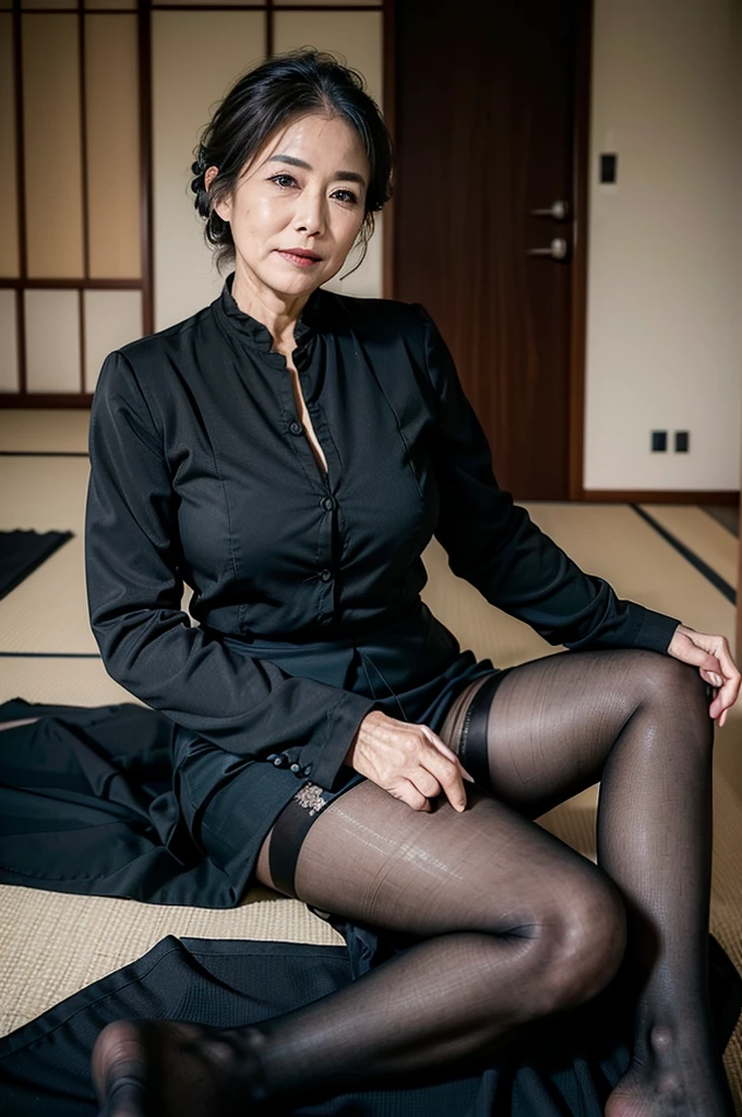 (masterpiece:1.4),(69-year-old woman:1.5),(Facial wrinkles : 1.2),(smirking : 1), (Updo : 1.1), (black suit), (black skirt), (black nylon tights : 1.1), Motherhood Mature Woman, (focus on legs : 1), on tatami, traditional japanese room, smoking cigarettes