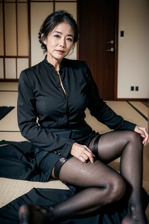 (masterpiece:1.4),(69-year-old woman:1.5),(facial wrinkles : 1.2),(smirking : 1), (updo : 1.1), (black suit), (black skirt), (bl...