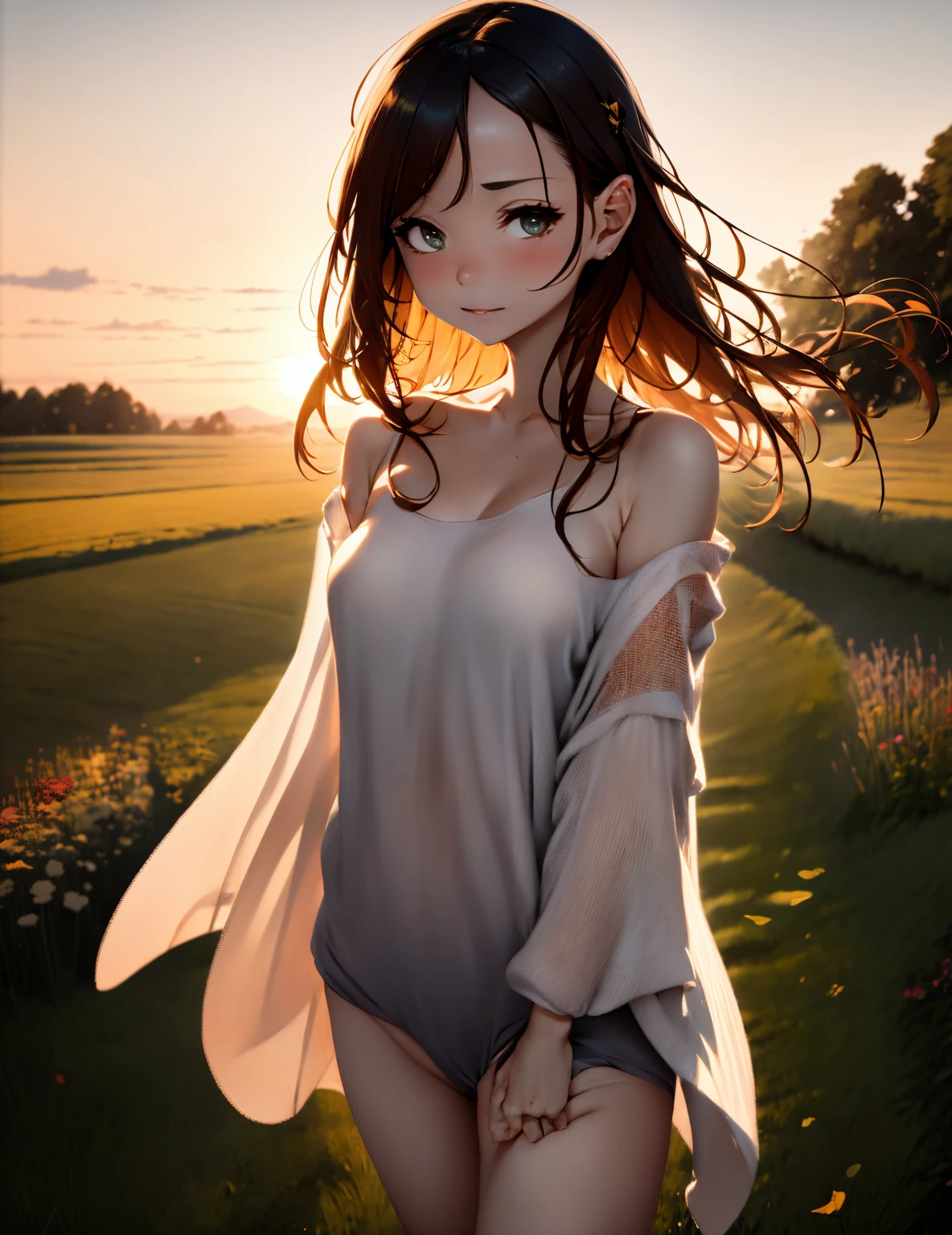 ((extremely detailed)),, (8k), Best Quality, (beautiful),((Mesa)), ((Best Quality)), beautiful a girl,20 years、Skinny body、Smaller chest,Eliminates unkempt hair、black lingerie、(ultra detailed), ((kawaii)), beautiful, (natural look),Plein air、blurred background:1.5、Field at sunset、red dragonfly、Ears of rice fluttering in the wind