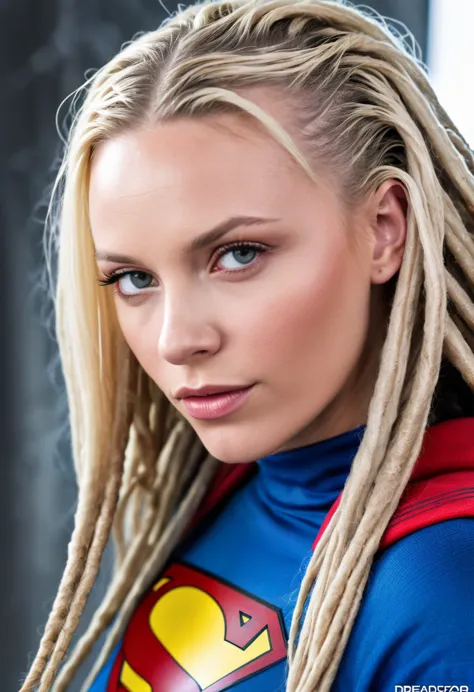 (((Extreme close-up of a beautiful woman Milly Alcock long blonde hair(((dreadlocks )))under the mantle of the Kryptonian Kara z...