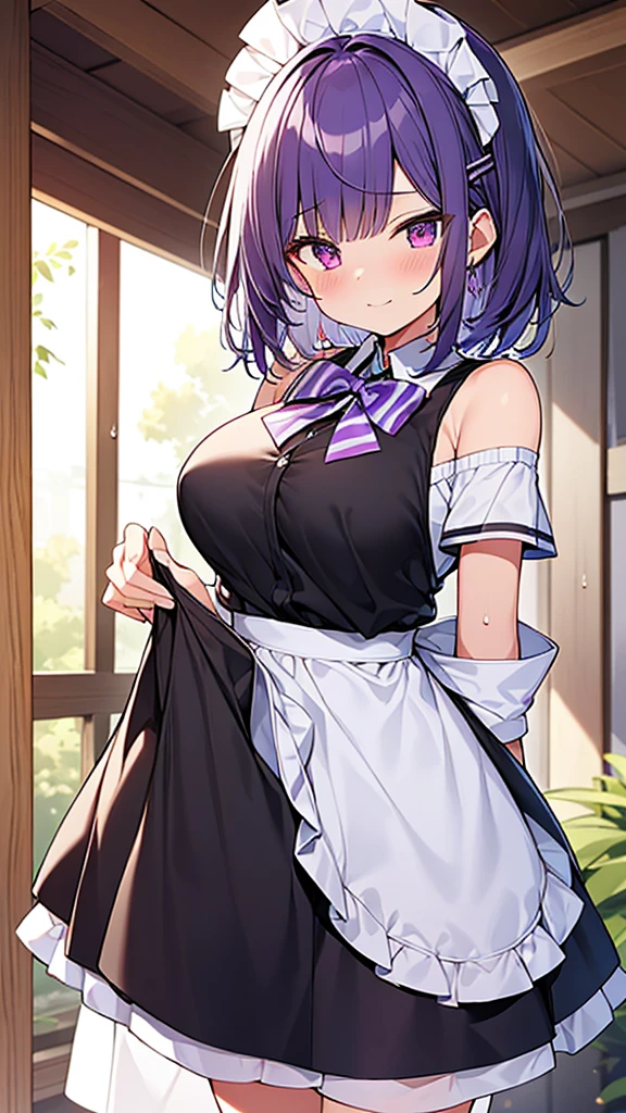 最high quality, high quality, Super detailed, 32k, Ultra-detailed details, 2 girls, With maid(only, 妹から奪った妹のかわいい顔, beautiful purple hair, Beautiful purple eyes, Big Breasts, A light smile, Red eyes, Off-the-shoulder sleeveless Summer clothes, Summer casual maid clothes, Short skirt, Blue and white color striped underwear, Black knee socks, My crotch is wet with love juice, 18-year-old,cute),  顔の皮を剥がされた妹(13 years old, A grotesque face with the skin peeled off, Facial muscles are fully exposed, Chest is medium, , Junior high school uniform), {{Witness the maid peeling off the skin of her sister&#39;s face and replacing it with her own}}, NSFW