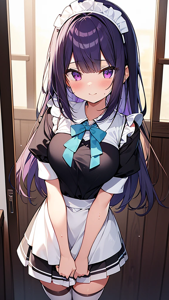 最high quality, high quality, Super detailed, 32k, Ultra-detailed details, 2 girls, With maid(only, 妹から奪った妹のかわいい顔, beautiful purple hair, Beautiful purple eyes, Big Breasts, A light smile, Red eyes, Off-the-shoulder sleeveless Summer clothes, Summer casual maid clothes, Short skirt, Blue and white color striped underwear, Black knee socks, My crotch is wet with love juice, 18-year-old,cute),  顔の皮を剥がされた妹(13 years old, A grotesque face with the skin peeled off, Facial muscles are fully exposed, Chest is medium, , Junior high school uniform), {{Witness the maid peeling off the skin of her sister&#39;s face and replacing it with her own}}, NSFW