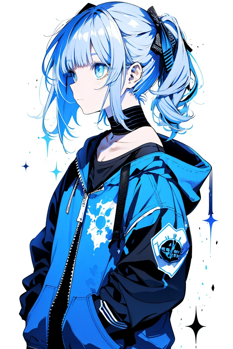 One Girl,Back Shadow Splatter,paint splatter sweatshirt,Off-the-shoulder wear,,Alchemy Research Institute,Mysteries of the Uncharted Territories,Put your hands in your pockets,iris,game scene graph, Rain street background、Blue and white hair、Twisted Twin Tails