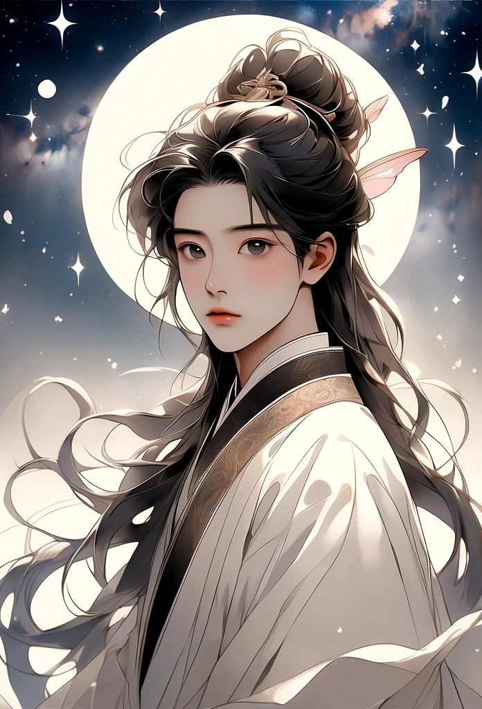 masterpiece, Highest quality: 1.4)， Detailed Background，Beautiful male fairy from ancient China looks at the camera，streamer，Gauze cloth，Floating in the air，Elevation angle of view，The Milky Way is amazing，The full moon is empty，