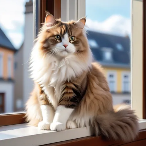 fluffy cat sitting on a windowsill, high quality, masterpiece