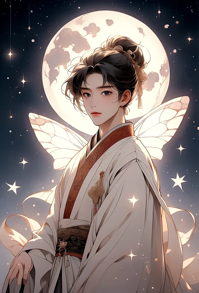 masterpiece, Highest quality: 1.4)， Detailed Background，A beautiful male fairy from ancient China gazes at the stars，streamer，Ga...