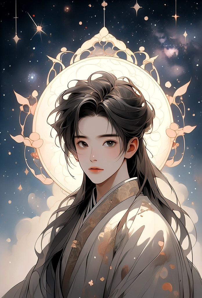 杰作, 最好的质量: 1.4)， 详细背景，古代中国一位美丽的男仙女凝视着星空，飘带，纱布，飘然，仰角，银河真是奇妙，满月是空的，