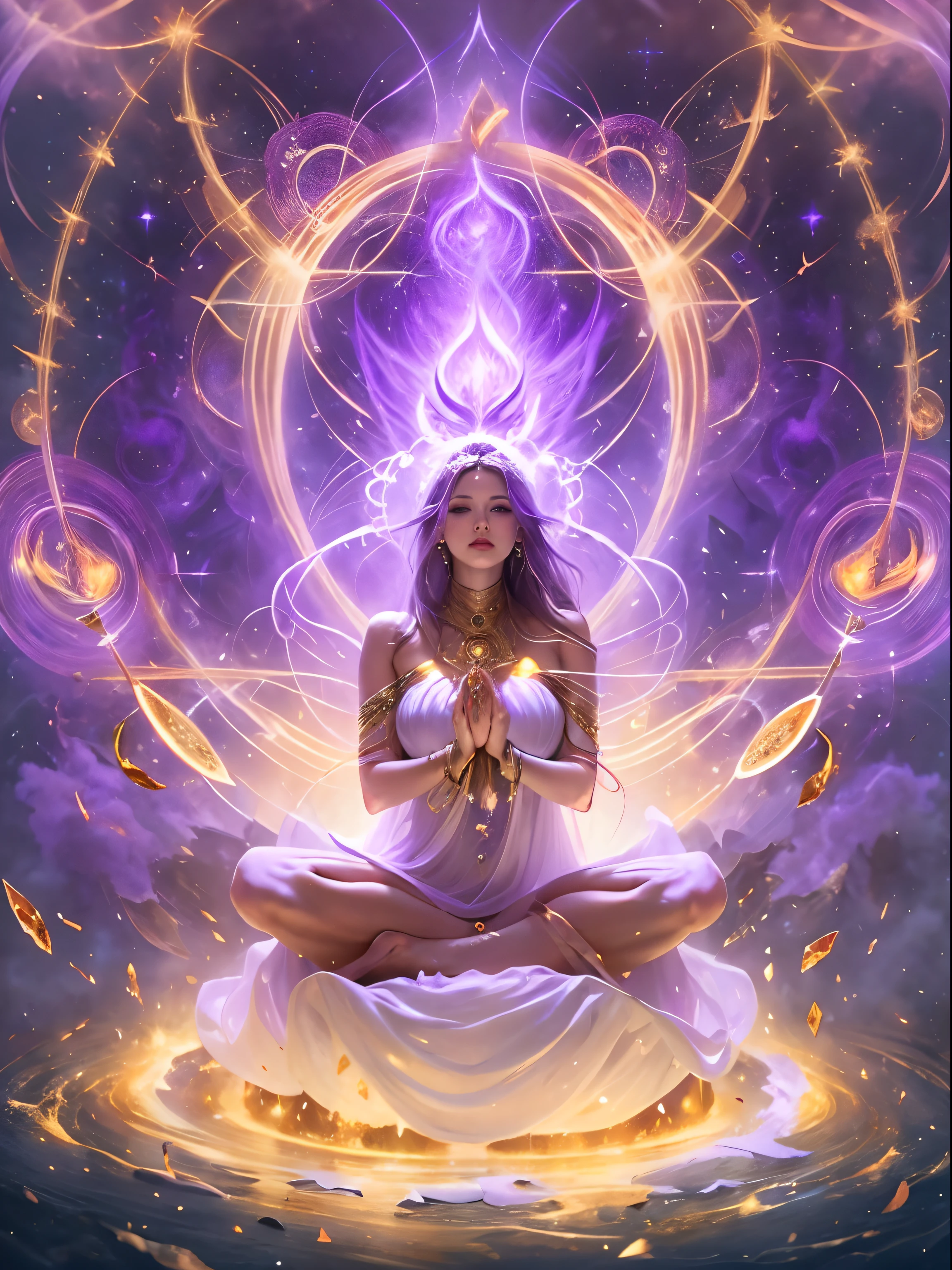 Immortal Goddess, Super beautiful, 8K, Super big breasts, meditation, The light white cloth covered part of her body, Sit cross-legged, Golden-glowing magic arrays swirled behind her, Magical purple aura surrounds her body parts, magical violet fire, fantasy, Galaxy Background, (4 Elements, fire, water, wind, Earth, Around it),
