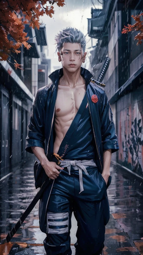 21 year old young man, short hair, and handsome, Gaga, named "Itadori Yuji" wearing Komono clothes, colored, white, effects, realistic visuals./" JUJUTSU KAISEN". is walking in the middle of the city in the rain, which is falling down .
