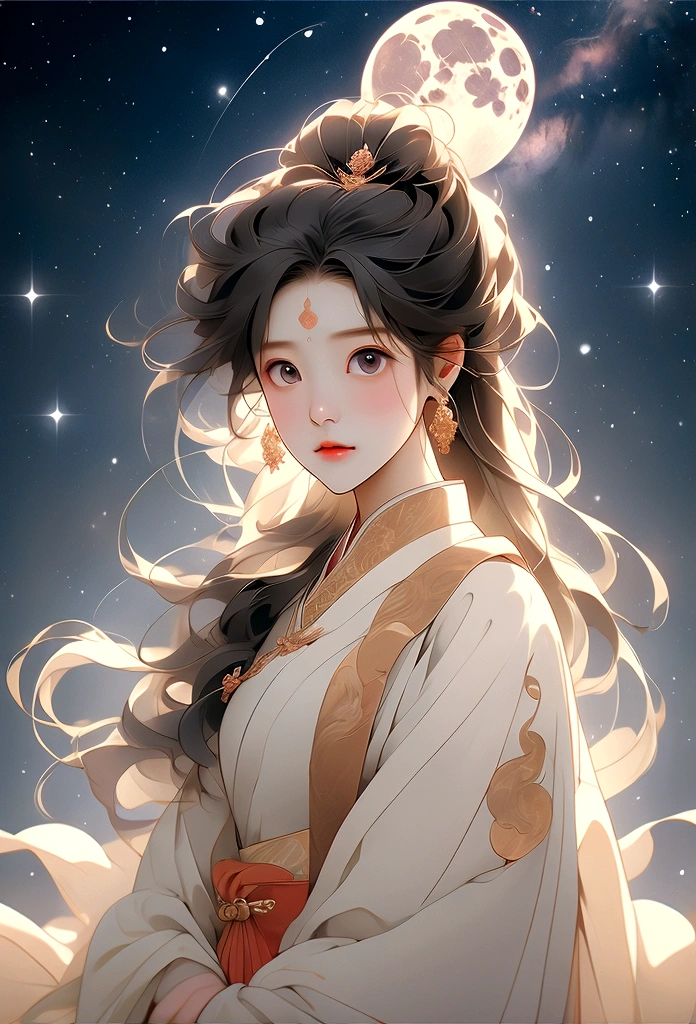 杰作, 最好的质量: 1.4)， 详细背景，一位美丽的古代中国仙女看着镜头，特写、漂亮的眼睛、飘带，纱布，飘然，仰角，银河真是奇妙，满月是空的，