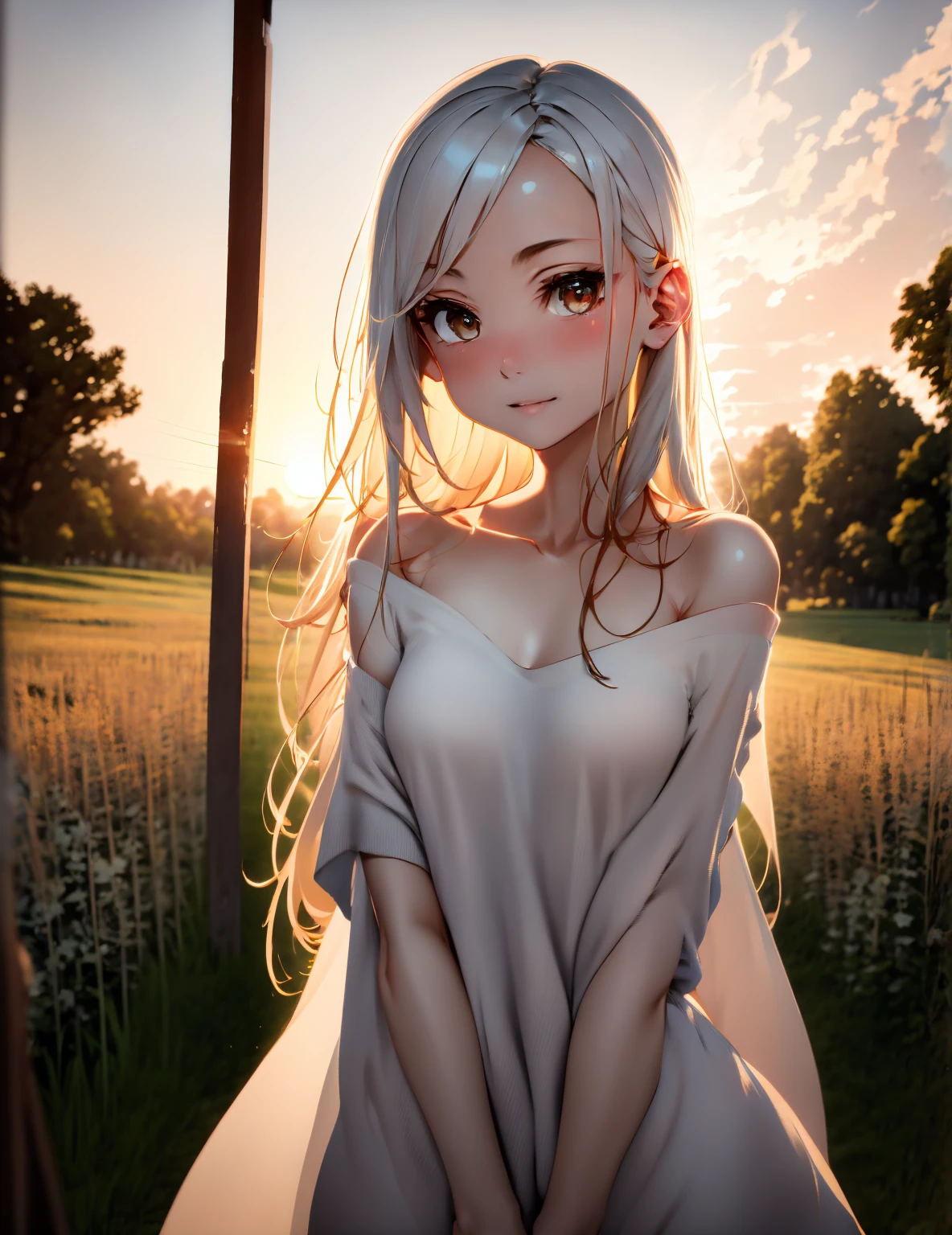 ((extremely detailed)),, (8k), Best Quality, (beautiful),((Mesa)), ((Best Quality)), beautiful a girl,20 years、Skinny body、Smaller chest,Eliminates unkempt hair、nude、(ultra detailed), ((kawaii)), beautiful, (natural look),Plein air、blurred background:1.5、Field at sunset、red dragonfly、Ears of rice fluttering in the wind