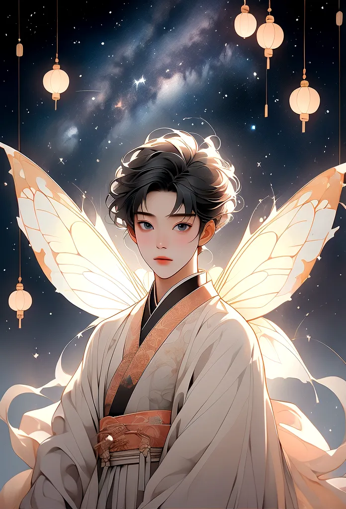 masterpiece, Highest quality: 1.4)， Detailed Background，A beautiful male fairy from ancient China gazes upwards，streamer，Gauze c...