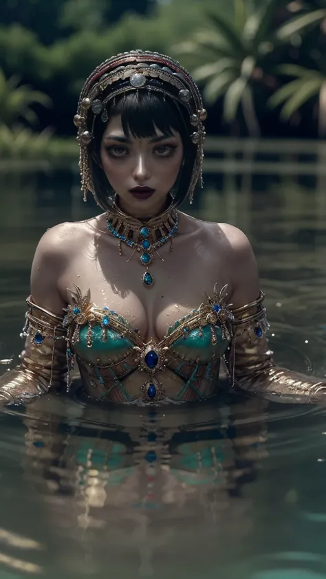 j1b4r0, siren, woman, dripping with jewels, submerged in lake, body reflected in water, luring conquistadors to drown