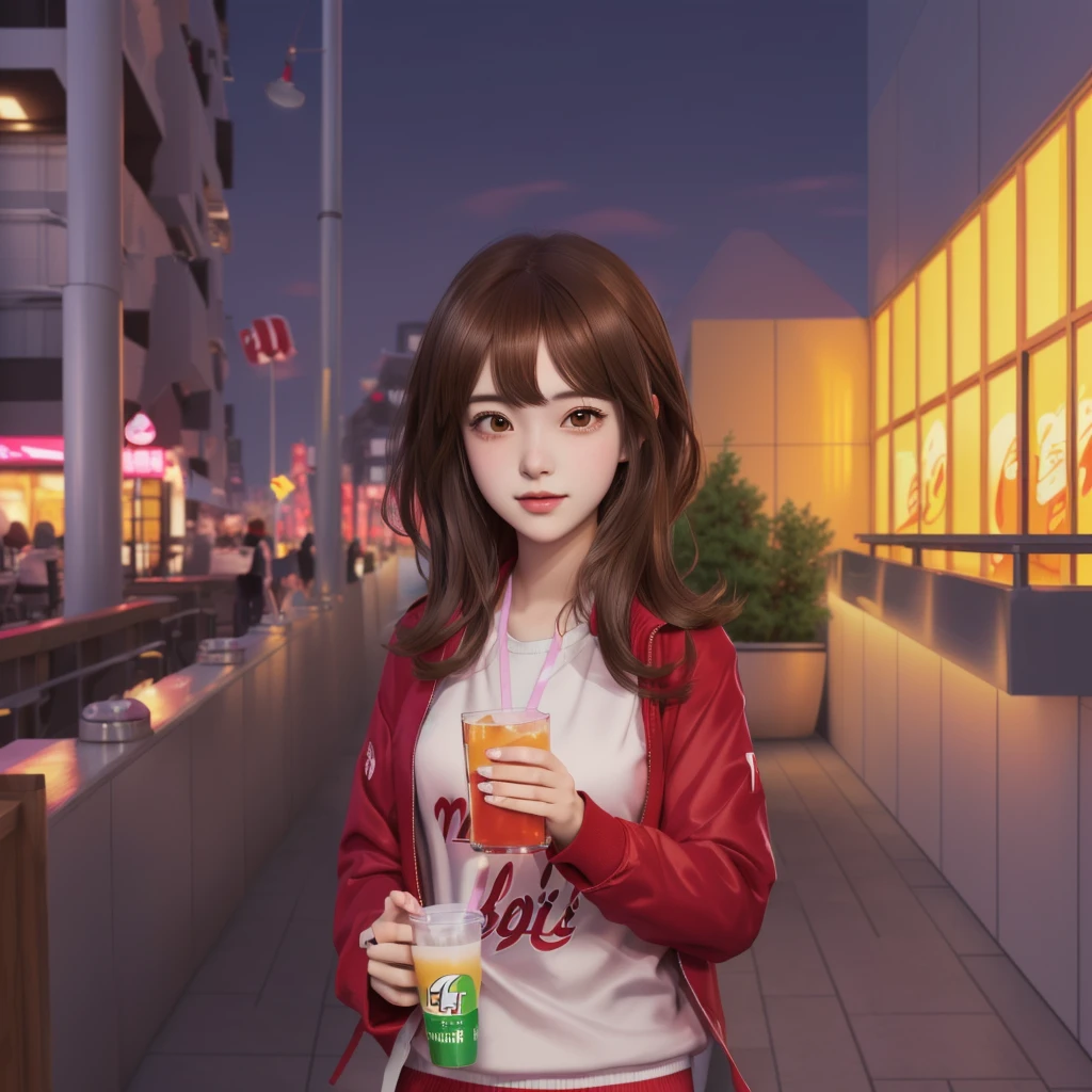 Mädchen in einer roten Jacke, das ein Getränk hält und auf ihr Handy schaut, moe artstyle, Lofi-Mädchen, Lofi-Porträt, Mädchen trinkt Energydrink, lofi artstyle, chihiro! Fujisaki, 4k-Stil,