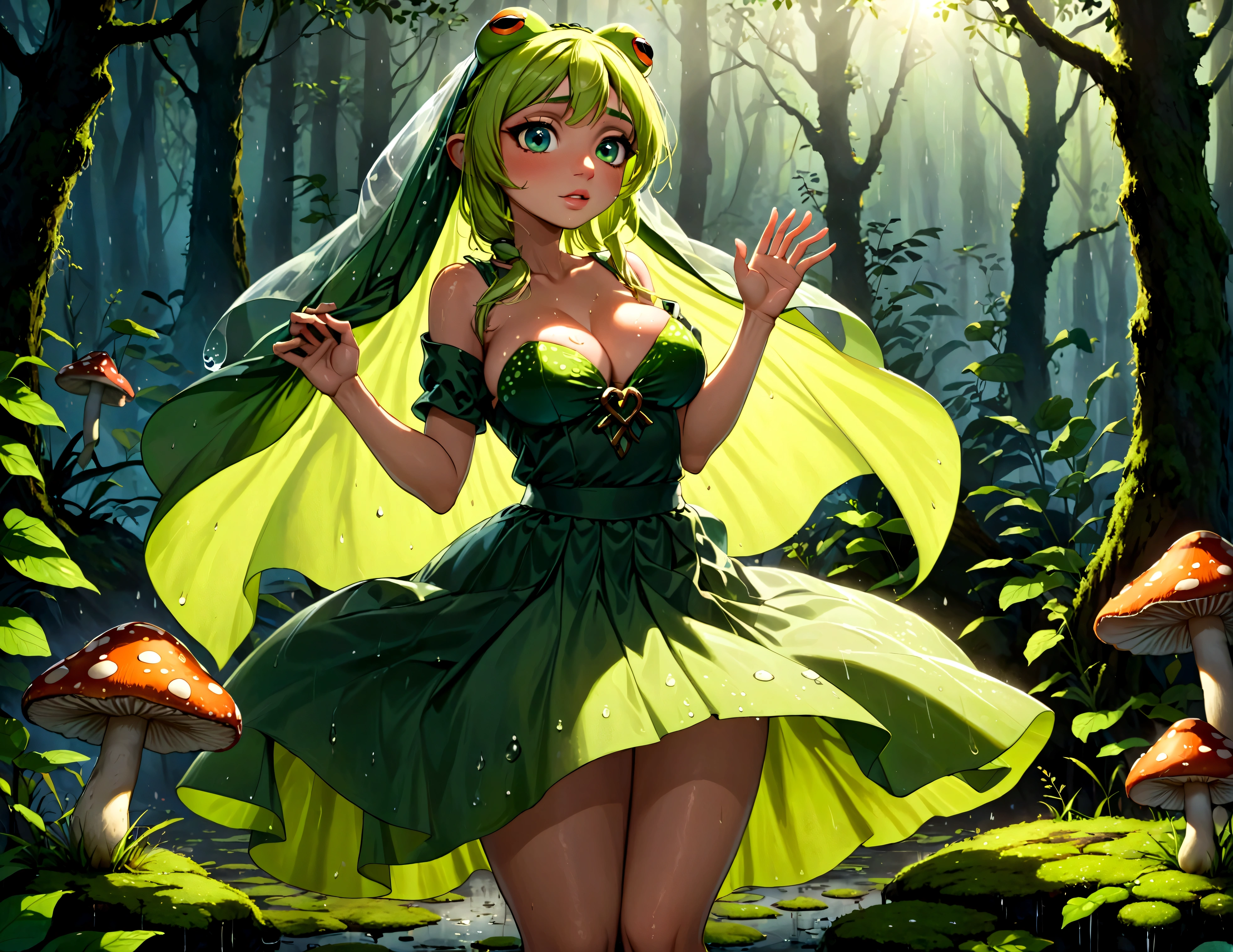 A bunch of frogs transform into lovely women (moss breast drapes and skirt, frog hands, light green skin with mottling, over large eyes) during a heavy rain, dancing around glowing mushrooms in a deep dark forest
