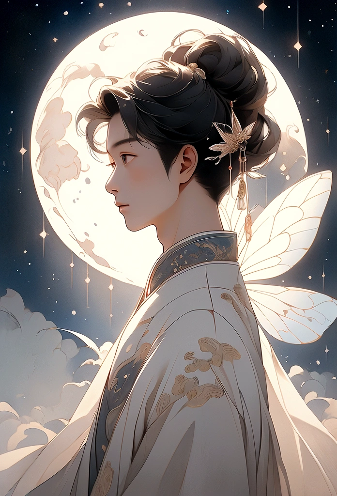 masterpiece, Highest quality: 1.4)， Detailed Background，Beautiful male fairy of ancient China、profile、Beautiful Eyes、streamer，Gauze cloth，Floating in the air，Elevation angle of view，The Milky Way is amazing，The full moon is empty，