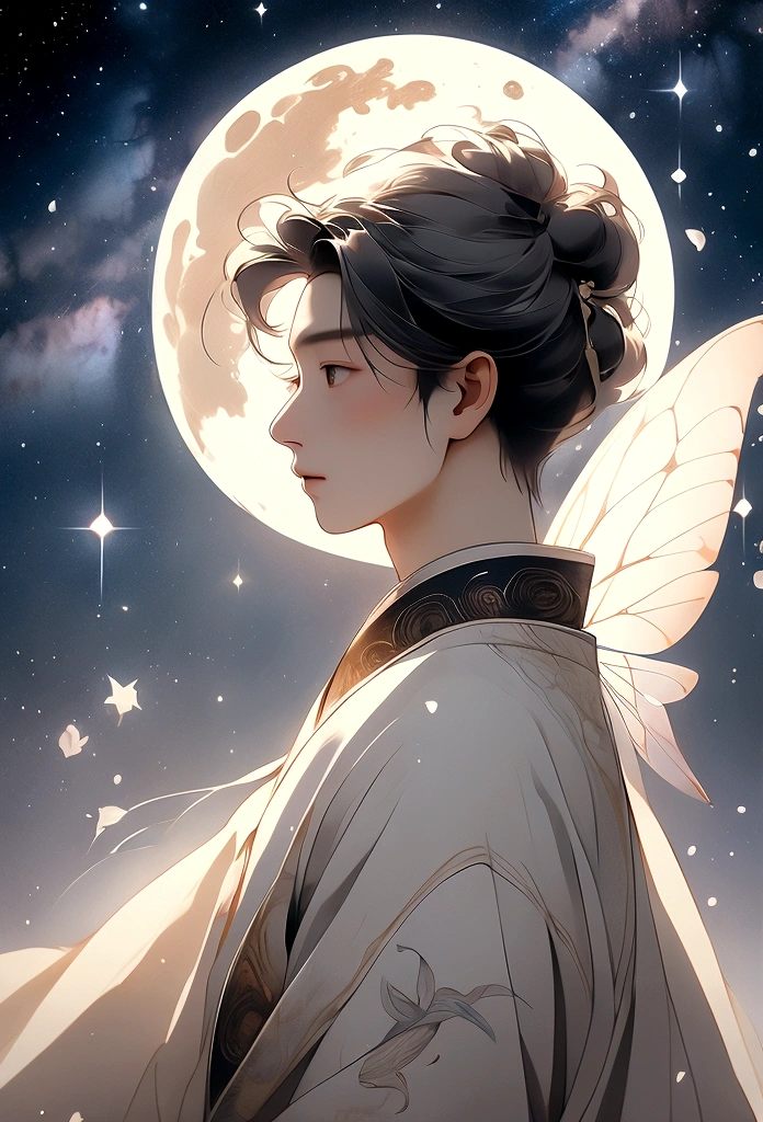 masterpiece, Highest quality: 1.4)， Detailed Background，Beautiful male fairy of ancient China、profile、Beautiful Eyes、streamer，Gauze cloth，Floating in the air，Elevation angle of view，The Milky Way is amazing，The full moon is empty，