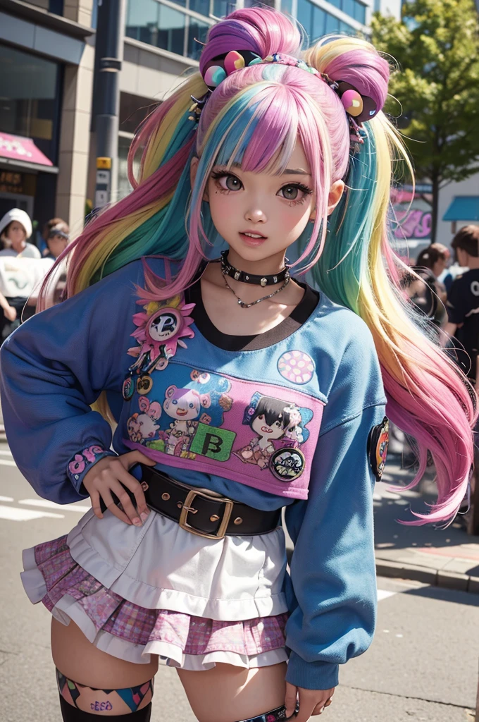 fotorrealista,(4K,obra de arte, melhor qualidade,ultra alta resolução),
1 garota,rosto fofo,adolescente,kawaii,(cabelo de cor aleatória,cabelo multicolorido:1.2),(decoração estilo harajuku moda punk:1.5),(menina com roupas coloridas em camadas:1.3),(vários grampos de cabelo),meias até o joelho com padrões diferentes),carregando uma pulseira,parado na rua harajuku,Ângulo Dinâmico,(tiro de vaqueiro:1.0),Felizmente,pose,QUEBRAR.lindos dentes detalhados, Olhos com íris castanhas grandes, boca pequena, lábios frescos, alto , nariz corado, seios médios ,