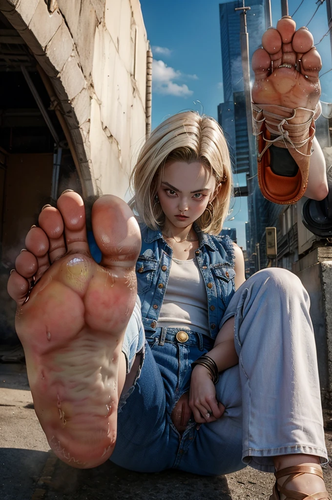 1girl, masterpiece, official art, detailed,best quality, NSFW), (perfect hands, perfect feet), beautiful and aesthetic, (photorealistic:1.4), BREAK, perfect lighting, pov feet, foot focus, footstomp, barefoot, toes, looking at viewer, ((best quality)), outdoor, vagina nude, nude, nude breandroid 18, 1girl, solo, blue eyes, short hair, blonde hair, earrings,jewelry, sleeveless, pants, bracelet, sandals, toeless footwear, dress, red dress,