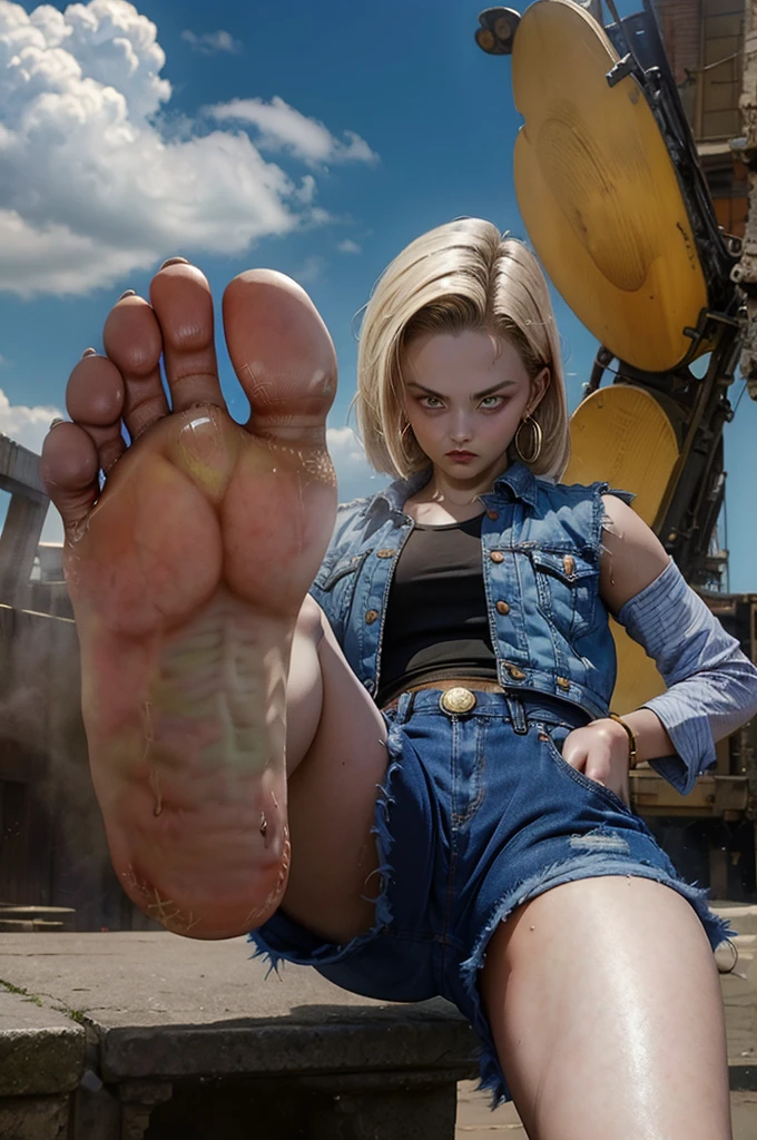 1girl, masterpiece, official art, detailed,best quality, NSFW), (perfect hands, perfect feet), beautiful and aesthetic, (photorealistic:1.4), BREAK, perfect lighting, pov feet, foot focus, footstomp, barefoot, toes, looking at viewer, ((best quality)), outdoor, vagina nude, nude, nude breandroid 18, 1girl, solo, blue eyes, short hair, blonde hair, earrings,jewelry, sleeveless, pants, bracelet, sandals, toeless footwear, dress, red dress,