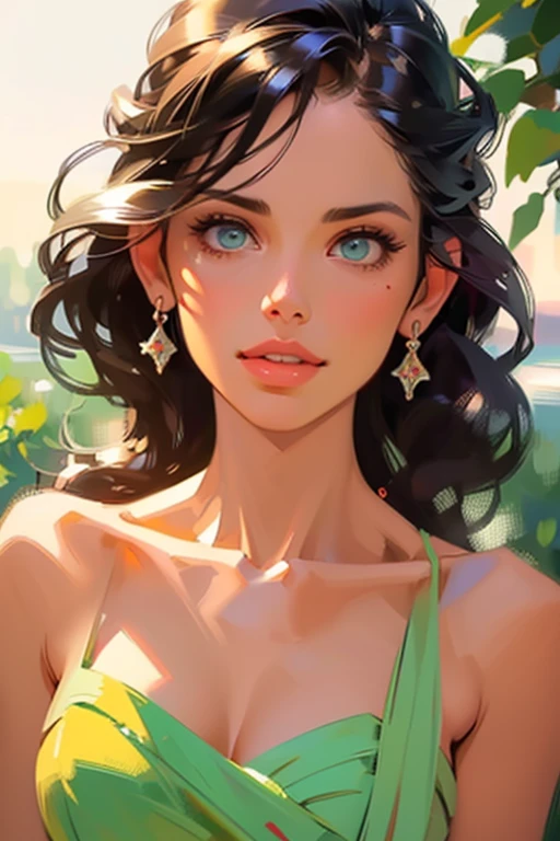 ((close-up of woman's face:1.4)),(rule of thirds:1.4),((hyper-realistic illustration:1.4)) Beautiful 20 yo Mediterranean woman, beautiful athletic figure, shapely toned legs, perfect round ass, natural perky breasts,(abs), ((long dark hair)), green eyes. (joy:1.4), sweet smile, mascara, dress, high heels. Masterpiece, best quality,(highly detailed:1.2),(detailed face and eyes:1.2), depth of field, 8k wallpaper, natural lighting, core shadows, high contrast, bokeh.