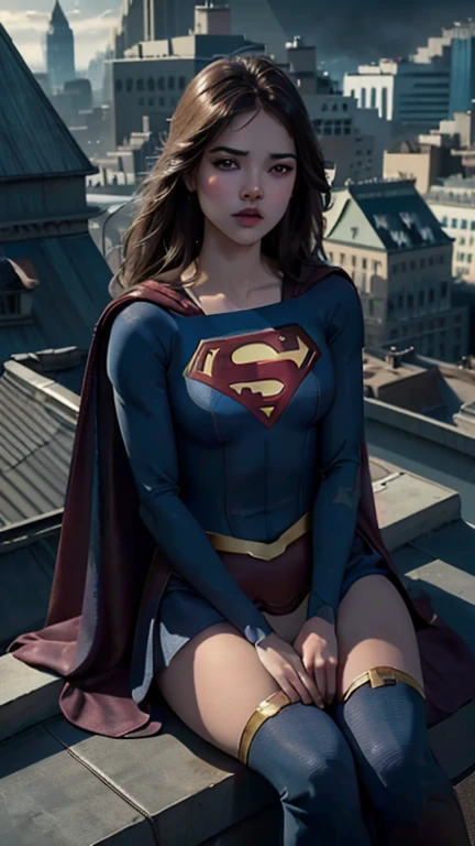 a supergirl sitting on a rooftop building, lost in deep thought, looking at the city, beautiful detailed eyes, beautiful detailed lips, extremely detailed face, long eyelashes, beautiful detailed costume, dynamic pose, cinematic lighting, epic cityscape, moody atmosphere, dramatic shadows, vibrant colors, photorealistic, 8k, best quality, hyper detailed, masterpiece