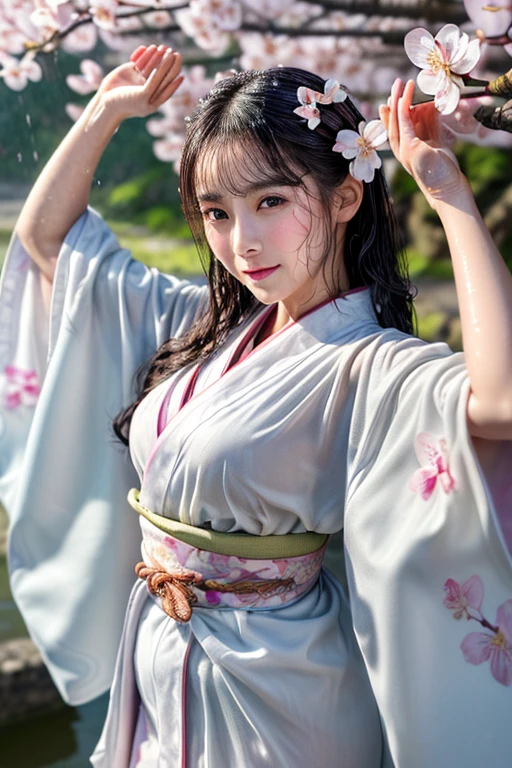((Highest quality、masterpiece、8K))、Anatomically correct、Very detailed、High resolution、Realistic、Beautiful white skin、Beautiful, bright, almond-shaped, detailed eyes、Well-formed nose bridge、Intricate details、((Wet kimono with cherry blossom pattern 1.1))、((Wet Hair:1.1))、((Wet Skin:1.1))、((rain:1.2)),((Raise your arms:1.4))