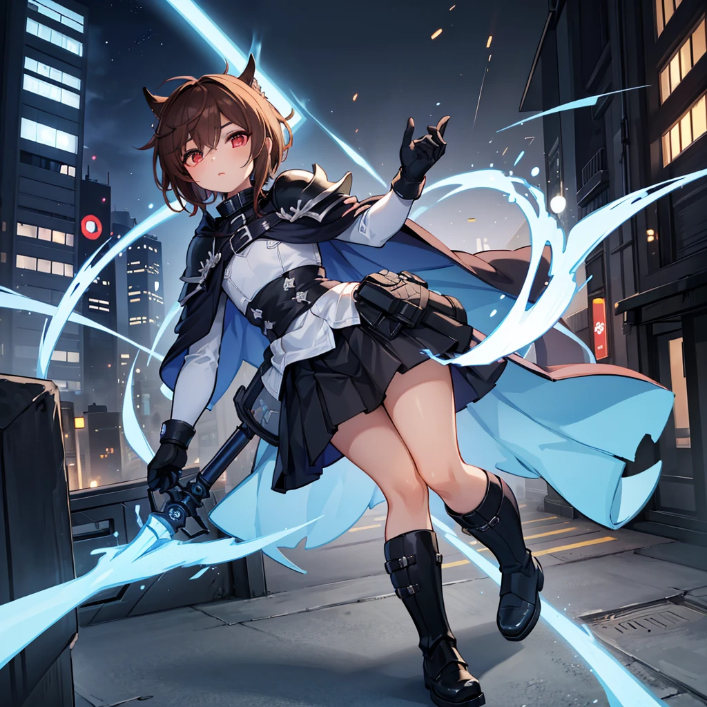 (((1 Junge))), Femboy, Superheld, crossdresser mAn, teenAger, in A uniform, weißes langärmeliges Hemd, long blAck skirt with A white stripe, with A (blue cApe), A (blAck chest Armor plAte with A white decAl in the middle), blAck gloves And blAck boots, long technologicAl red sword, ((dunkelhäutig)), rote Augen, feminine shoulder length dArk brown hAir, (Breite Hüften), (dicke Oberschenkel), flAt chest, nArrow wAist, wAlking down street A futuristic city At night ((only one chArActer)), (((Allein)))