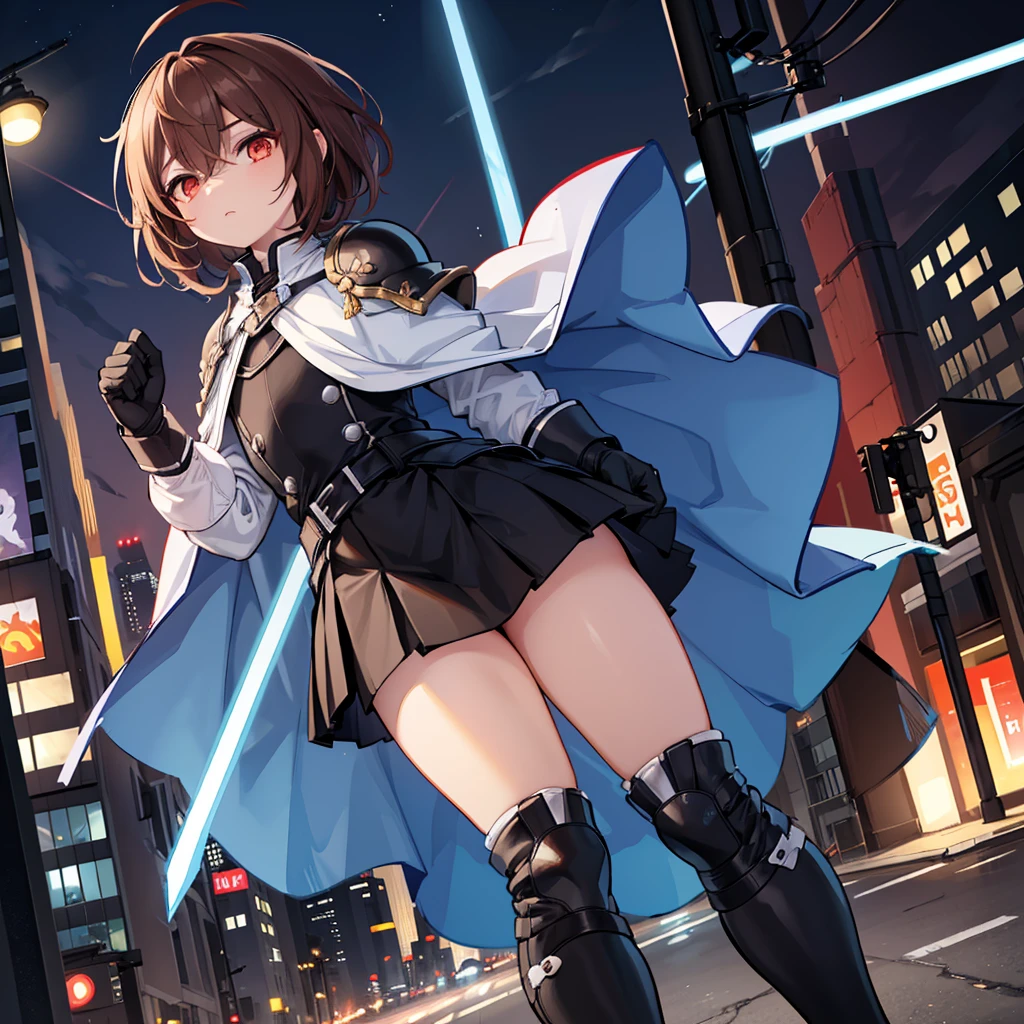 (((1 chico))), Femboy, superhero, hombre travesti, adolescente, in a uniform, camisa blanca de manga larga, long black skirt con un white stripe, con un (capa azul), a (black chest armor plate con un white decal in the middle), guantes negros y botas negras, espada roja tecnológica larga, ((piel morena)), ojos rojos, cabello castaño oscuro femenino hasta los hombros, (Caderas anchas), (Muslos gruesos), pecho plano, cintura estrecha, caminando por la calle una ciudad futurista por la noche ((solo un personaje)), (((solo)))