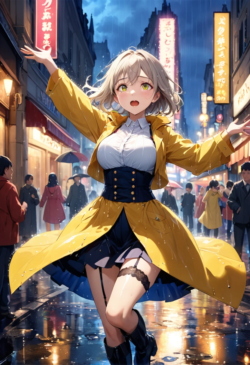 Highest quality, Super quality, 16K, Incredibly absurd, Very detailed, 2.5D, delicate and dynamic, movieのシーン, official, Poster Design, Paris street corner, Rainy night, Colorful city lights, wet road, puddle, puddleに町明かりが反射, puddleにビルが映る, , , Small face, Extremely delicate facial expression, Delicate eye depiction, Upper body close-up, erotic, sole sexy lady, healthy shaped body, 25 years old lady, , 170cm tall, big firm bouncing busts, white shirt, yellow long rain coat, , long skirt, garter belt, long boots, Wet with rain, With arms outstretched, Dancing in the rain, Opera, movie, dancing in the rain