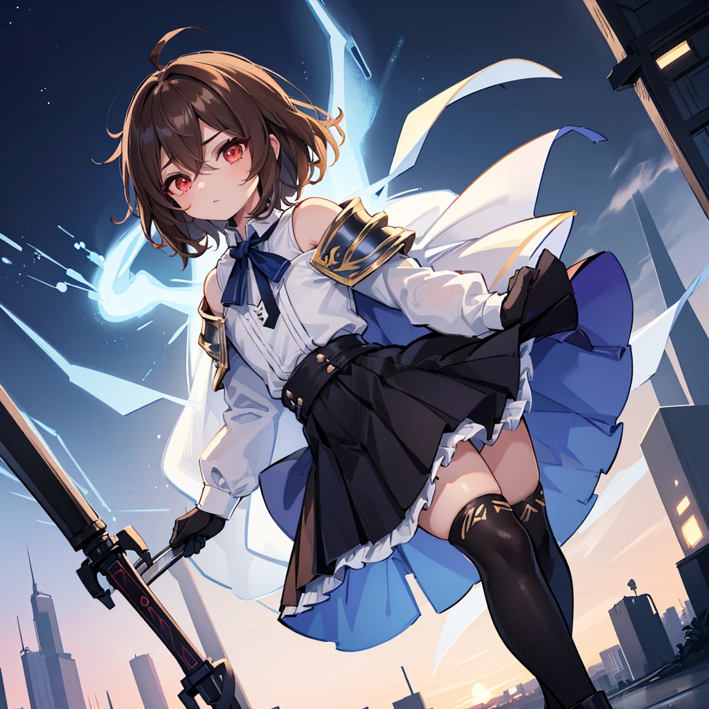 (((1boy))), Femboy, superhero, crossdresser man, teenager, in a cocktailuniform, white long sleeved shirt, long black skirt with a white stripe, with a (white cape with a blue inner part), a (black chest armor plate with a white decal in the middle), black gloves and black boots, long technological red sword, ((brown skinned)), red eyes, feminine shoulder length dark brown hair, (wide hips), (thick thighs), flat chest, narrow waist, walking down street a futuristic city at night ((only one character)), (((solo)))