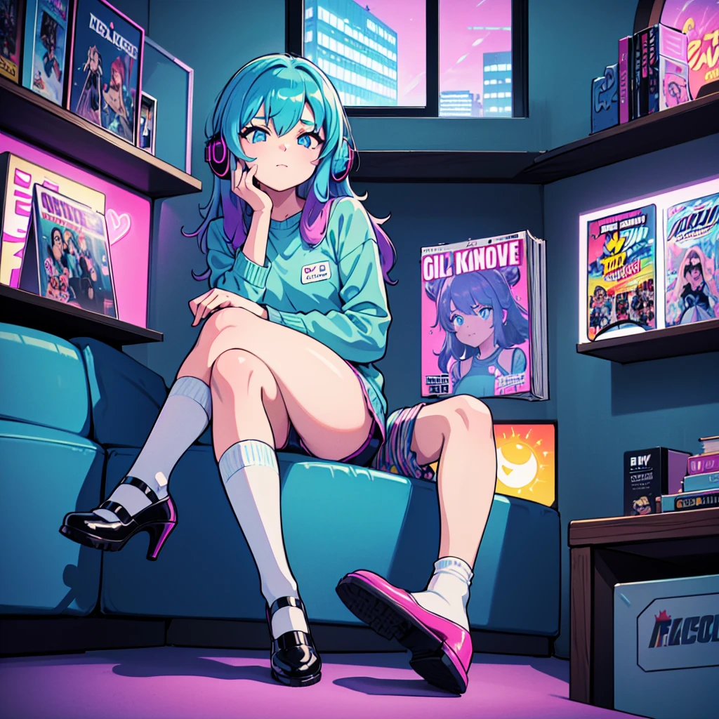 (masterpiece), Highest quality, Expressive eyes, Neon pastel aesthetics, Retro 90s, Neon color,((Girl sitting on sofa,In a cozy room,Records hanging on her wall, Comic books on the floor, Looking out the window behind her at the night city, Upholstered room, Anime figures lined up on a shelf)), Wearing headphones, (All around her it sparkles), (Wearing high socks and heels), (blue eyes), (Soft look), (Synthwave Art Style), Colorful Hair, Desk with PC set up