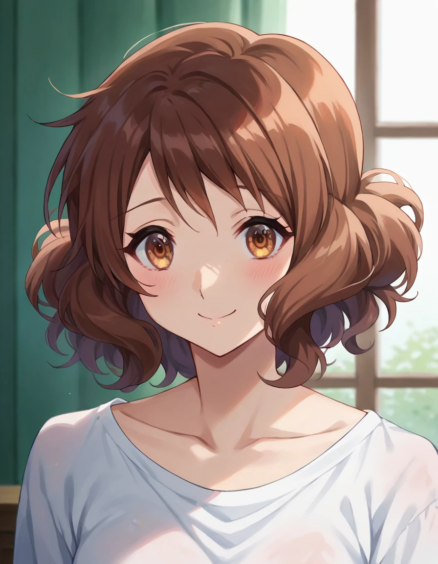 Highest quality, High resolution, masterpiece, (Beautiful Eyes), (Fine grain), Detailed face, kumiko oumae, Brown eyes, Brown Hair, short hair, Wavy Hair, smile, blush, indoor, bedroom, whiteいベッド, View your viewers, (Wide pelvis:1.5), (Big Ass), (white_bra:1.5), (white_Panties:1.5), (Thick thighs), (Holding the boy between her legs:1.5), nsfw