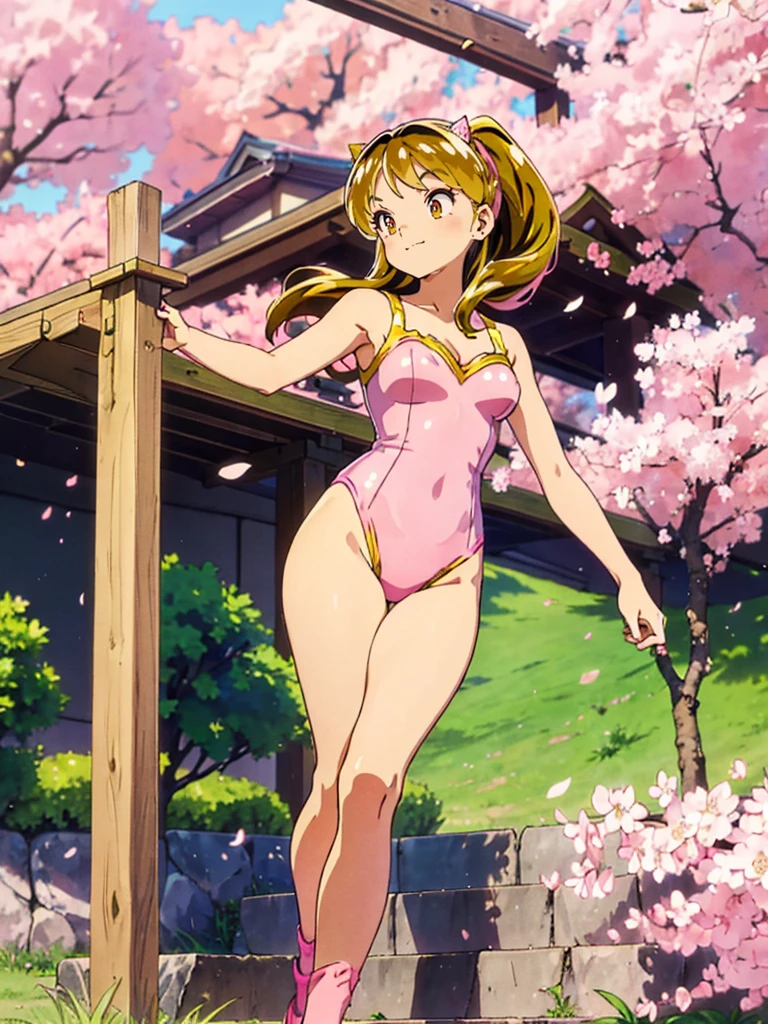 masterpiece, Highest quality, 1 Girl, Lum, ((Pink leotard)),（High leg）,smile, Are standing, Facing forward, Background is cherry blossoms, High definition