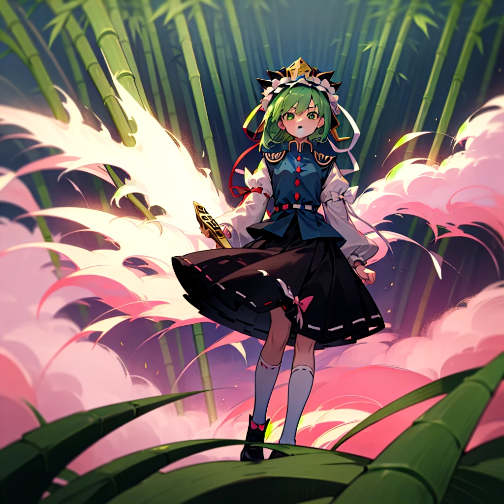 a pink haired woman is standing on a branch Holding a gold key, One girl, bamboo, alone, shiki eiki, rod of remorse, Have, skirt, Knee socks, Green Hair, Black footwear, Frills, Long sleeve, View your viewers, white Knee socks, ribbon, white ribbon, Green Eyes, shirt, black skirt, Best, white shirt, shoes, Holding, bamboo forest, frilled Have, chest