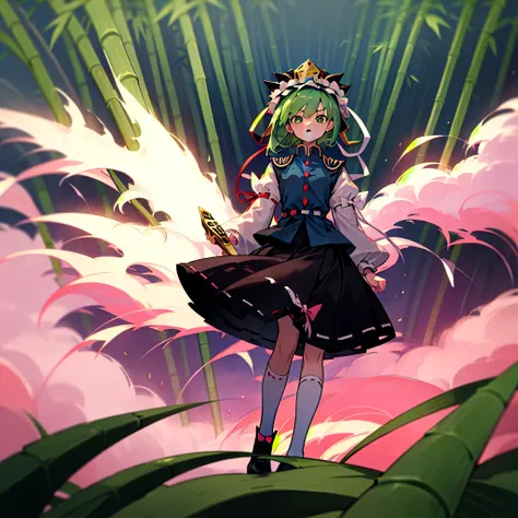 a pink haired woman is standing on a branch holding a gold key, one girl, bamboo, alone, shiki eiki, rod of remorse, have, skirt...