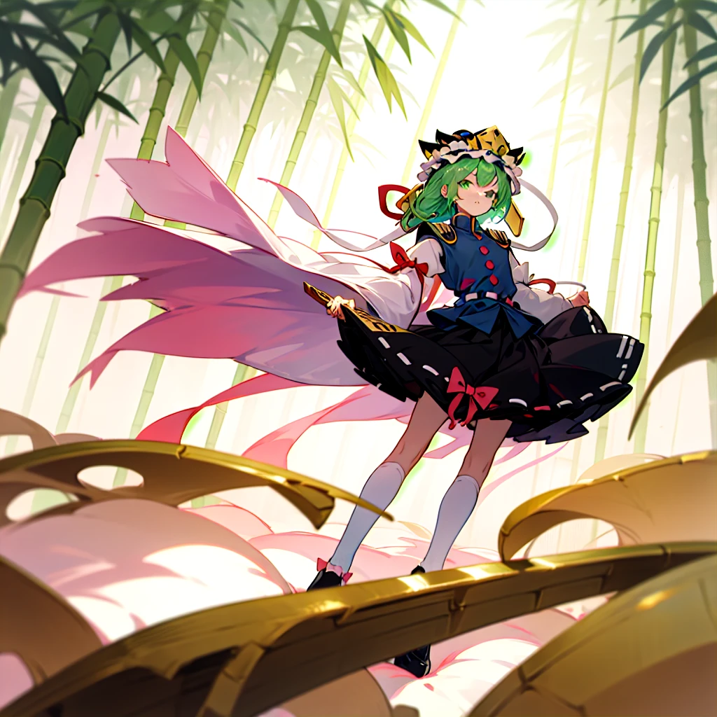 a pink haired woman is standing on a branch Holding a gold key, One girl, bamboo, alone, shiki eiki, rod of remorse, Have, skirt, Knee socks, Green Hair, Black footwear, Frills, Long sleeve, View your viewers, white Knee socks, ribbon, white ribbon, Green Eyes, shirt, black skirt, Best, white shirt, shoes, Holding, bamboo forest, frilled Have, chest