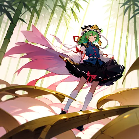 a pink haired woman is standing on a branch holding a gold key, one girl, bamboo, alone, shiki eiki, rod of remorse, have, skirt...