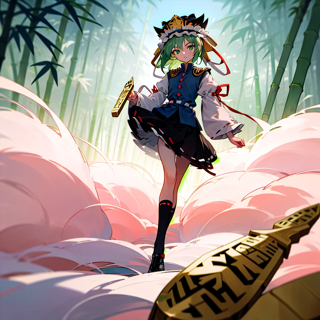 a pink haired woman is standing on a branch Holding a gold key, One girl, bamboo, alone, shiki eiki, rod of remorse, Have, skirt, Knee socks, Green Hair, Black footwear, Frills, Long sleeve, View your viewers, white Knee socks, ribbon, white ribbon, Green Eyes, shirt, black skirt, Best, white shirt, shoes, Holding, bamboo forest, frilled Have, chest