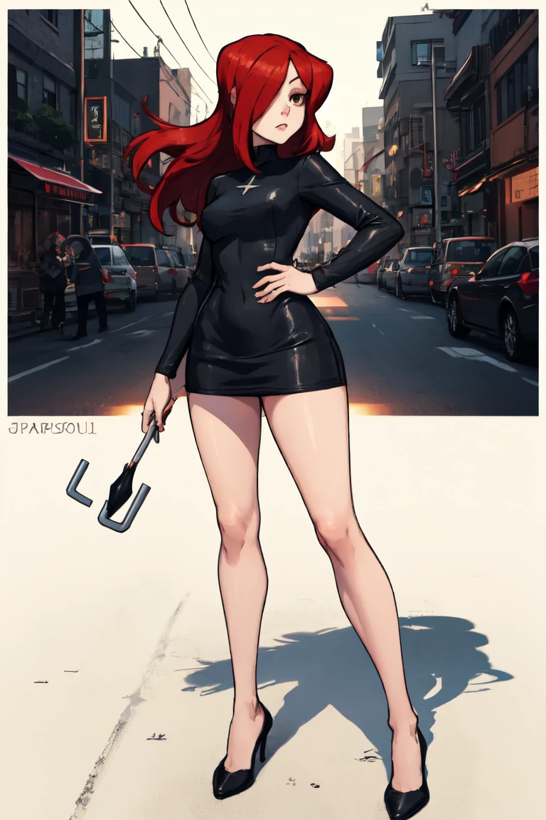  parasoul, 1girl, solo, long red hair, black clothes, holding umbrella, 1 long umbrella, in combat, movement, very short dress, elegant, background on a recording set, fencing pose, focus on face, striking a shadow,city ​​at night,combat pose, movement, dynamic camera