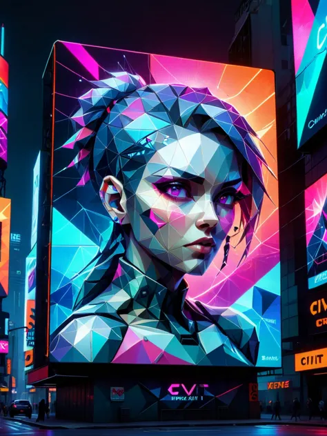 civit logo with female cyberpunk made of ral-polygon on billboard screen on a cyberpunk timesquare at night, neon light, futuris...